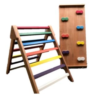 Pikler Triangle With Slide & Rock Climbing – Colorful Dark Brown